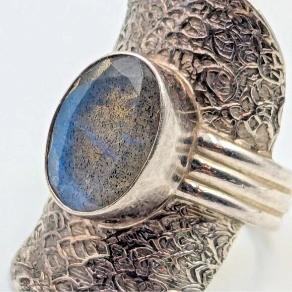 PTI India Sterling Silver 925 Labradorite Saddle Style Cocktail Ring Sz 7